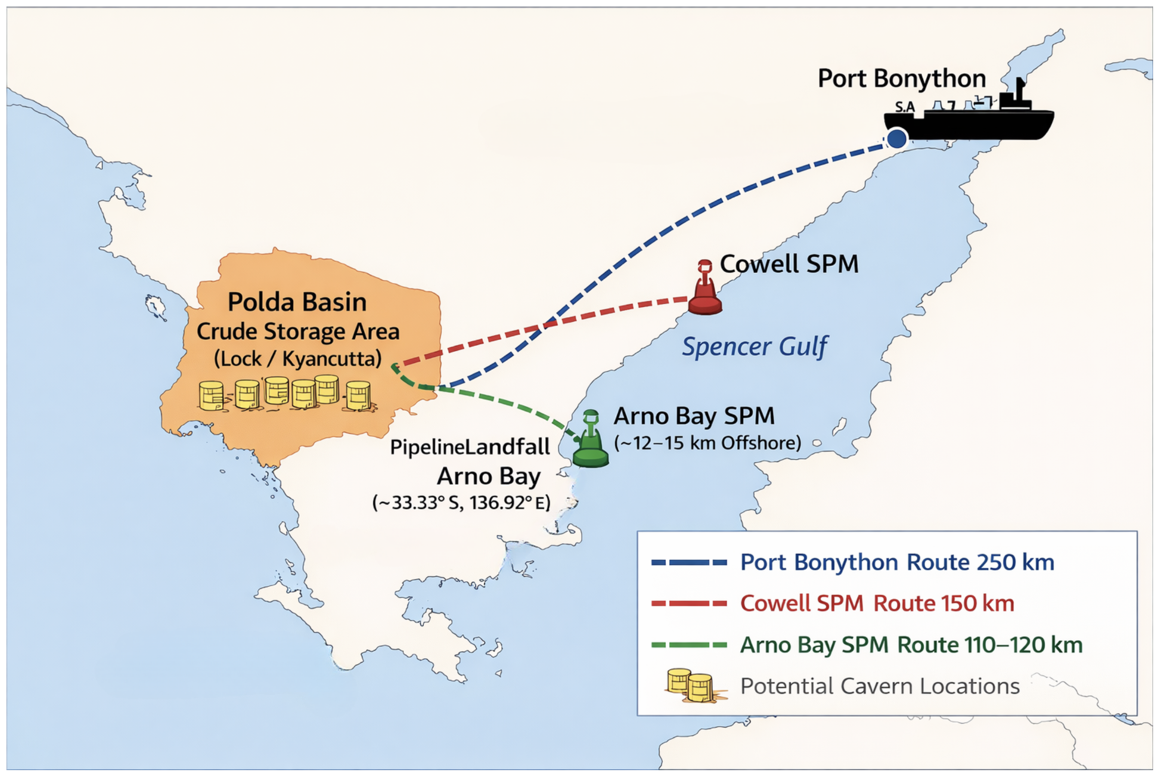 Polda Basin pipeline and SPM route map — Arno Bay, Cowell, Port Bonython options